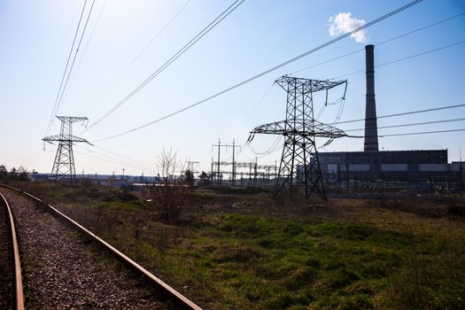 Cogeneration plant in Kyiv (Ukraine), transmission lines and railroad near it.