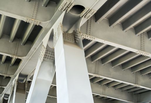 Gray metal framework of the bridge. Industrial surface. Close up.