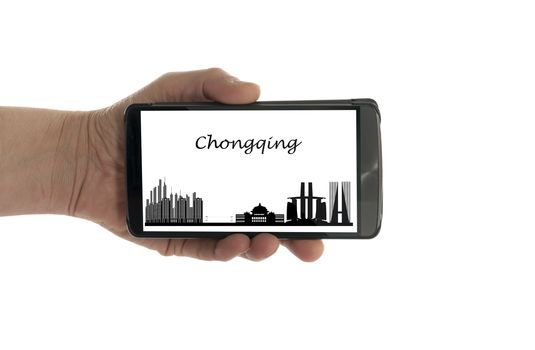 female hand with mobile phone isolated on white with  chongqing skyline
