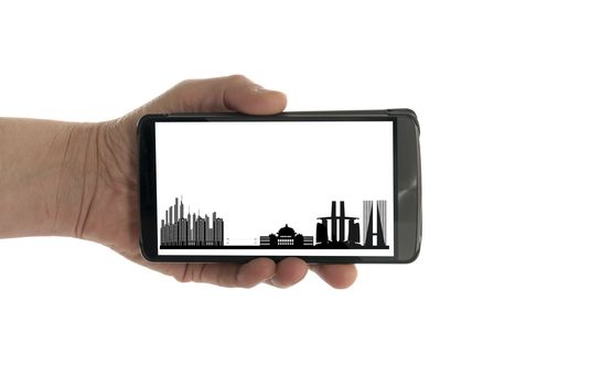 female hand with mobile phone isolated on white with  chongqing skyline