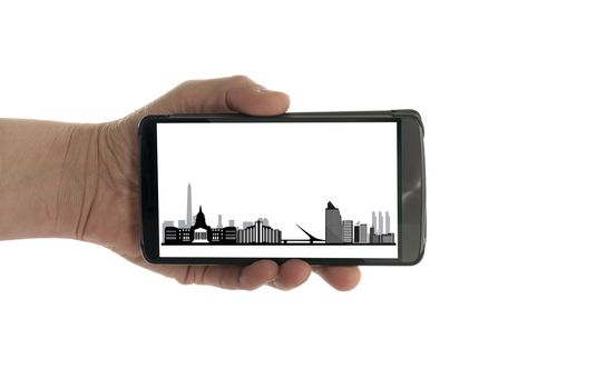 female hand with mobile phone isolated on white with Buenos Aires skyline