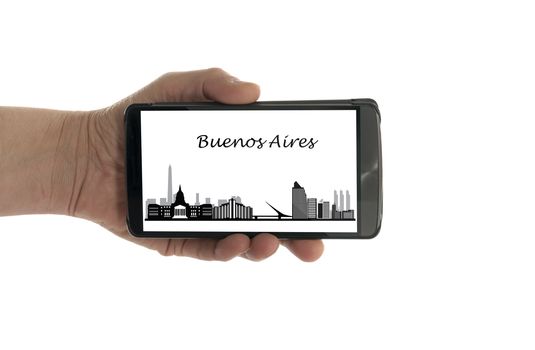 female hand with mobile phone isolated on white with Buenos Aires skyline