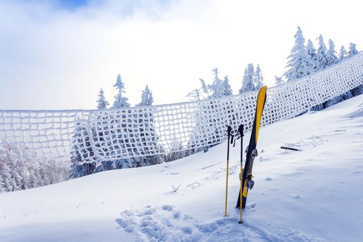 Ski equipment on ski run with pine forest covered in snow seen trough a frozen fence on back in winter season - Poiana Brasov