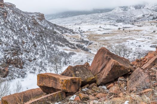 snowstorm over Rocky Mountains foothills, Lory State Park near Fort Collins, Colorado