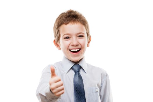 Little smiling young businessman child boy hand gesturing thumb up success sign white isolated