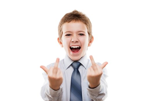 Little smiling young businessman child boy hand gesturing middle finger obscene sign for negative attitude white isolated