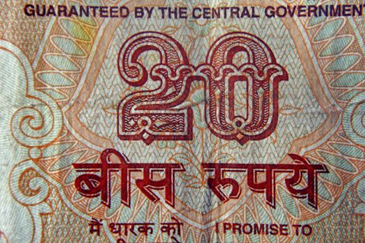 Twenty rupee written in Hindi language on Twenty rupee banknote