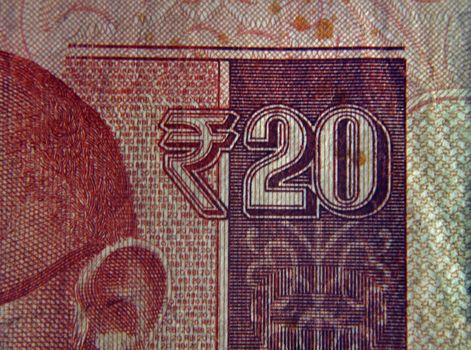 Rupee Symbol on Twenty rupee banknote