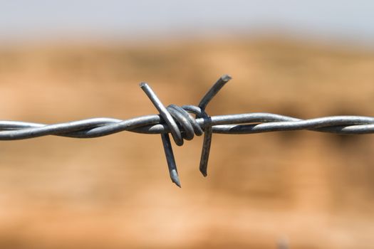 Close up to barbed wire fence on blurred background.
