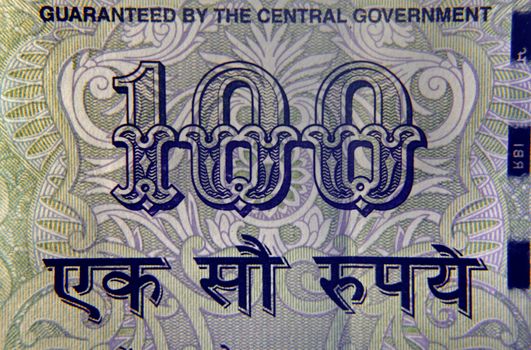 Hundred rupee written in Hindi language on Hundred rupee banknote