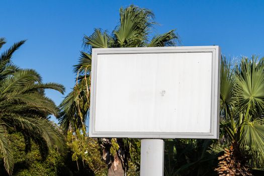 White, blank billboard front of green trees.