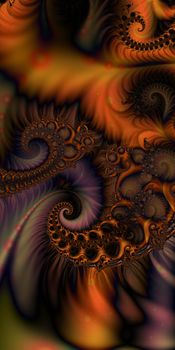 An abstract fractal design representing interweaving swirls in multiple colors.
