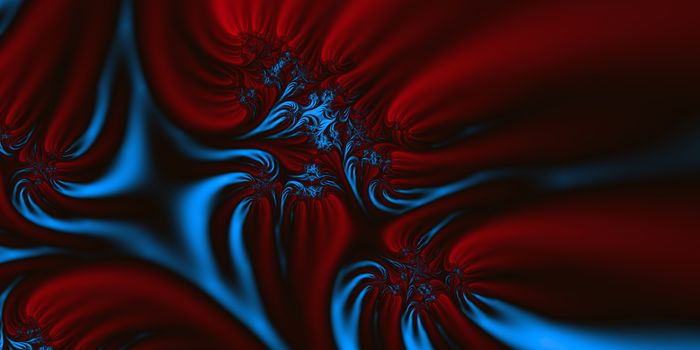 An abstract fractal design representing silk or velvet material in red, striking blue and black colors.