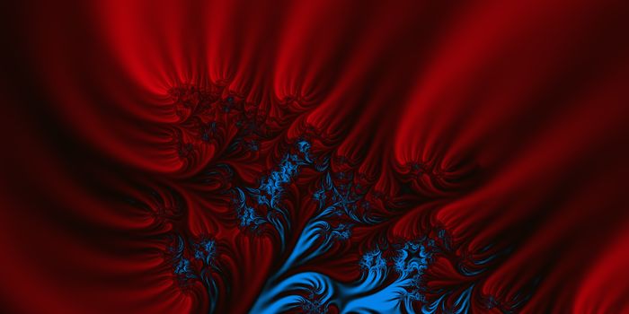An abstract fractal design representing silk or velvet material in red, striking blue and black colors.