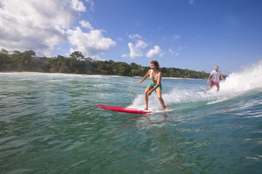 Surfer girl on Amazing Blue Wave, Bali island.