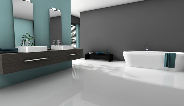 Home interior of a modern bathroom with contemporary design and furniture, with white floor, 3d rendering.