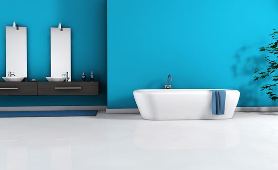 Home interior view of a contemporary bathroom with modern design and furniture and empty space on wall for your copy, colored in blue cyan, black and white floor, 3d rendering.