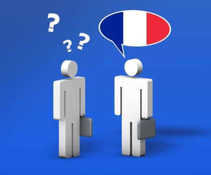 Business French concept with a funny conversation between two 3d people on blue background. The man with the flag of France on the speech cloud speaks a correct language, the other one with question mark no.