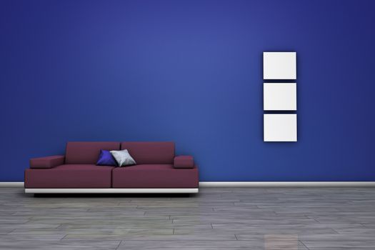 Frontal view of a living room with modern sofa, wooden floor and blank frames with empty space on wall.