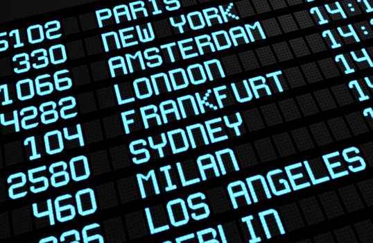 Departures board at airport terminal showing international destinations flights to some of the world's most popular cities. Business or leisure travel concept, 3d rendering.