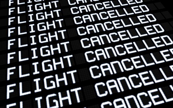 Airport terminal departures board showing cancelled flights because of strike. Business travel unforeseen concept, 3d rendering.