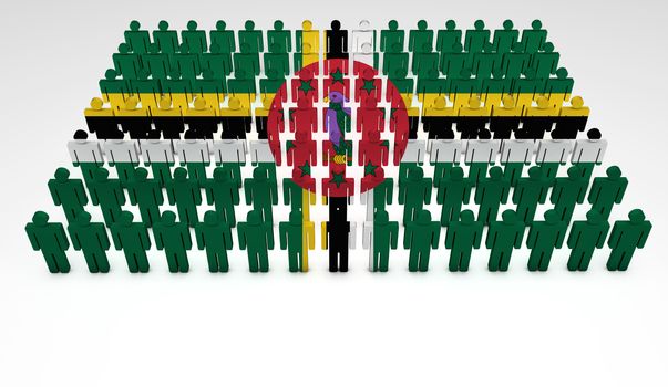 Parade of 3d people forming a top view of Dominica flag. With copyspace.