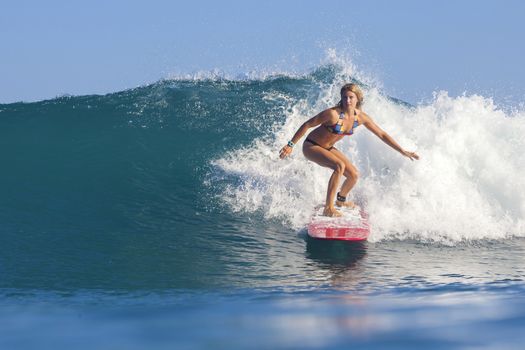 Surfer girl on Amazing Blue Wave, Bali island.