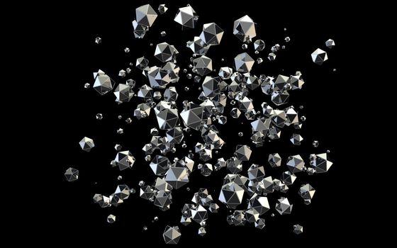 Blasting 3D platonic shaped diamonds on black background