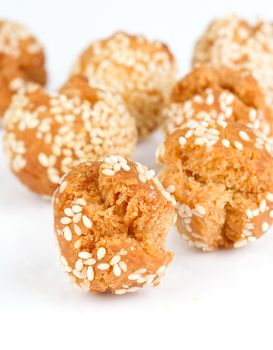 crispy donut ball with white sesame on white background