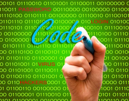 Code password login virus hackers hand binary text