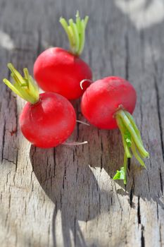 Fresh radishes on old wooden table

