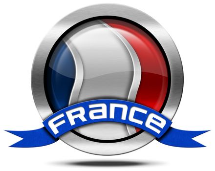 Metal icon or symbol with French flag and blue ribbon with text France. Isolated on white background