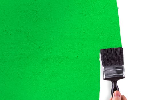 Hand painting white wall with green color.