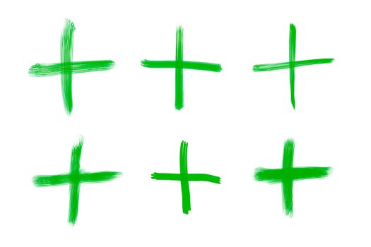 Variations of green plus symbols for mathematic operations, isolated on white background.