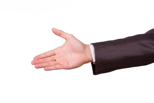 Businessman reaching hand for handshake, isolated on white background.