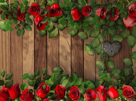 Roses and a heart with key on wooden board, conceptual holiday background
