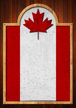 Signboard with wooden frame and flag of Canada on a wooden wall