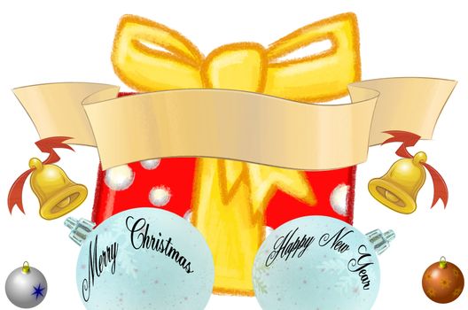 Christmas package, gift with Christmas balls and banner, background white-illustration