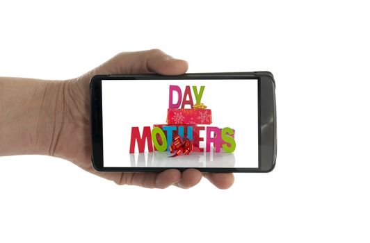 female hand with mobile phone isolated on white with mothers day text and presents