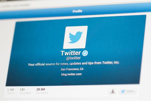 ISTANBUL, TURKEY - MARCH 22, 2013: Photo of Twitter account with user and profile name on tablet.  Twitter is one of the most used social networking and microblogging web site.