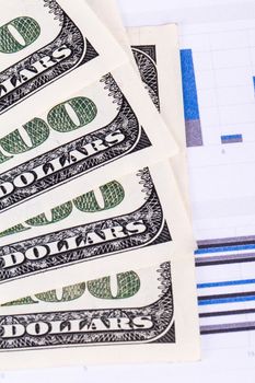 One hundred dollar banknotes on chart graphs.