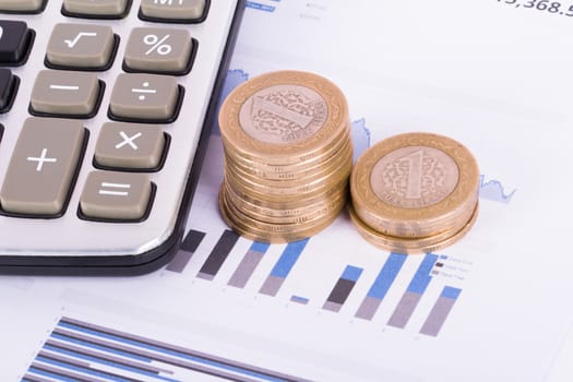 Close up view of financial chart with calculator and coins.