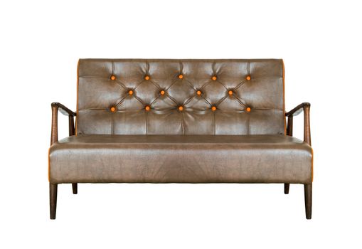 Vintage leather sofa with brown and made of solid wood, isolated on white background