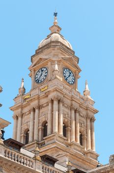 Clock tower of the historic city hall in Cape Town. On February 11, 1990, Nelson Mandela made his first public speech after his release from the balcony of the building
