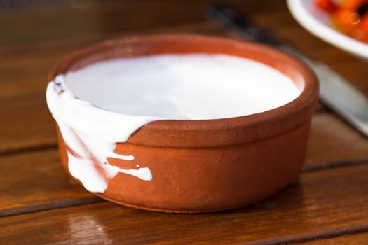 Yogurt in soil bowl on table.
