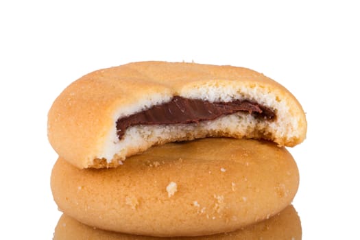 Close up view of bitten biscuit cookie, isolated on white background.