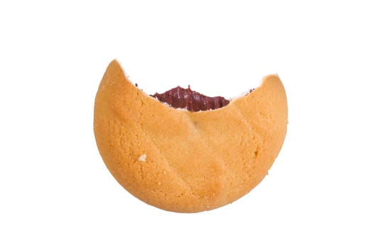 Close up view of bitten biscuit cookie, isolated on white background.