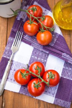 few fresh ripe tomatoes on a branch with olive oil