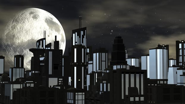 Night futuristic city scene with big moon