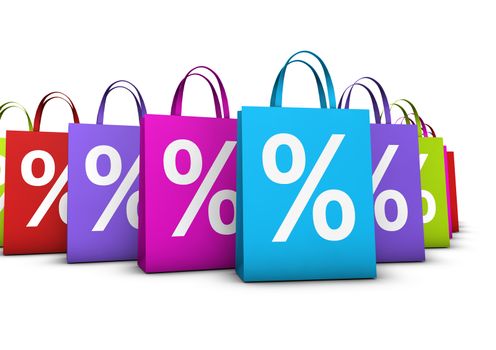 Discount, sale and shops offers concept with a lot of colorful shopping bags with frontal percent symbol isolated on white background.